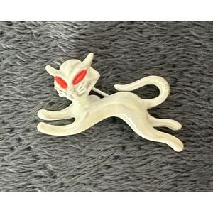 Vintage Cat‎ Brooch, 1950s White Enamel Cat with Red Eyes Pin